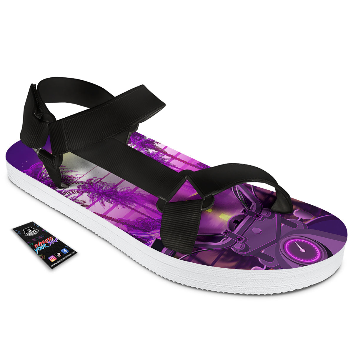 Riding Motorcycle Retro Purple Print Black Open Toe Sandals-grizzshop