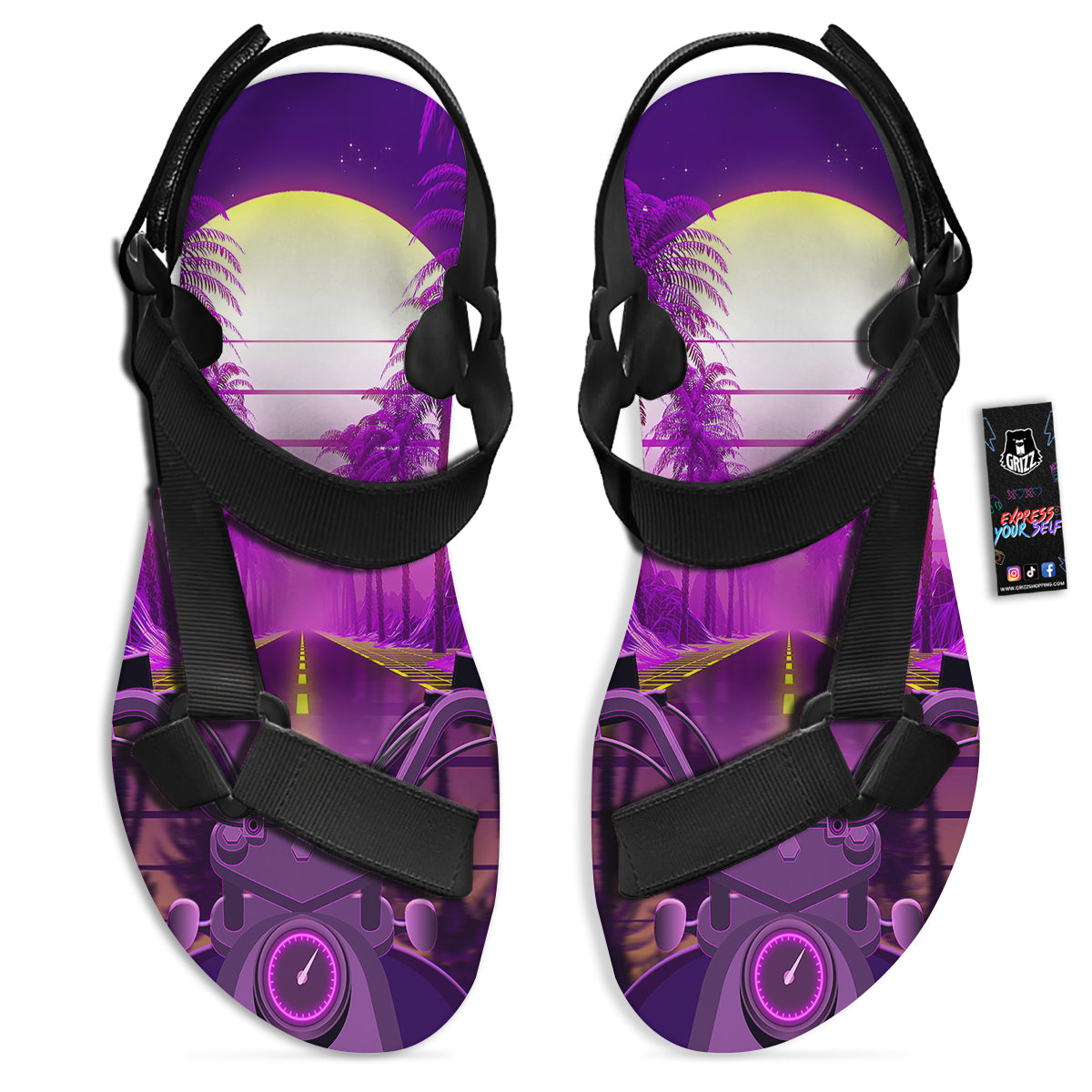 Riding Motorcycle Retro Purple Print Black Open Toe Sandals-grizzshop