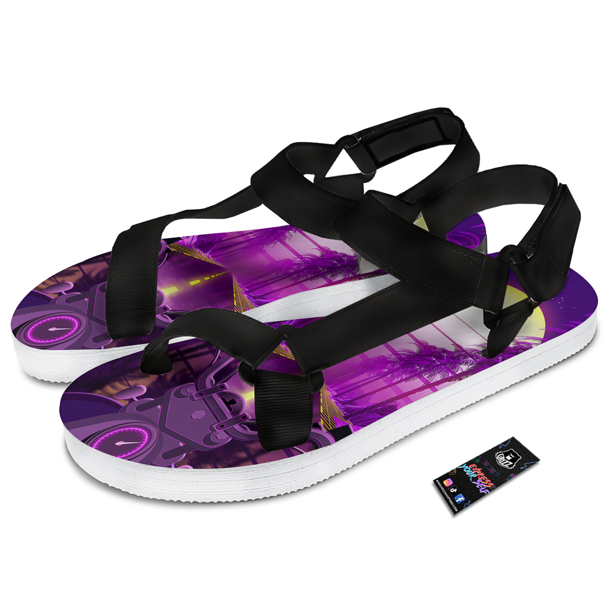 Riding Motorcycle Retro Purple Print Black Open Toe Sandals-grizzshop