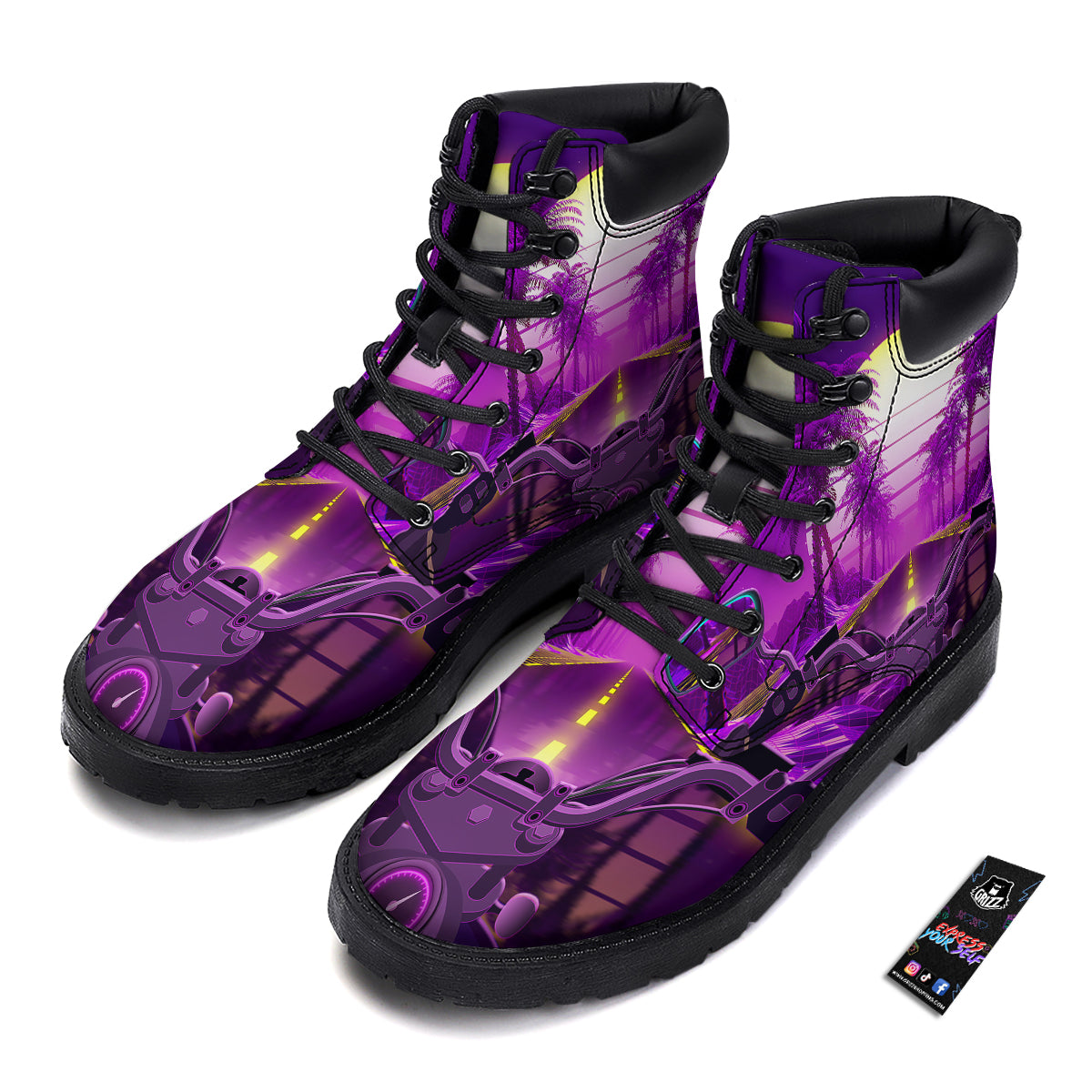 Riding Motorcycle Retro Purple Print Boots-grizzshop