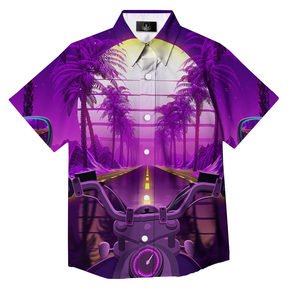 Riding Motorcycle Retro Purple Print Button Up Shirt-grizzshop