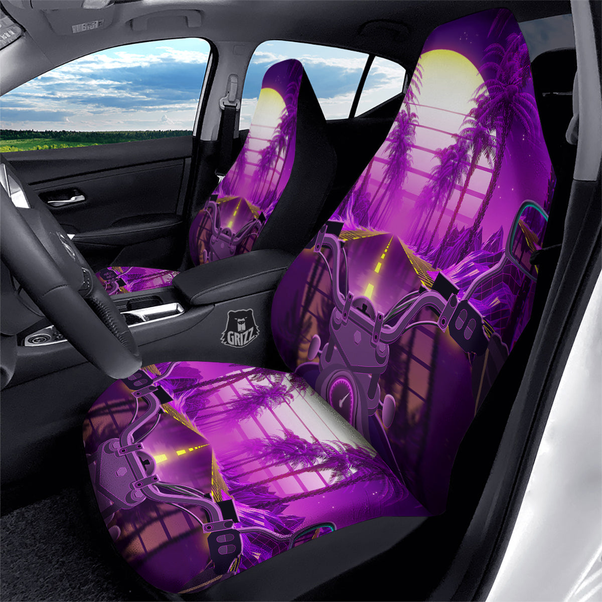 Riding Motorcycle Retro Purple Print Car Seat Covers-grizzshop