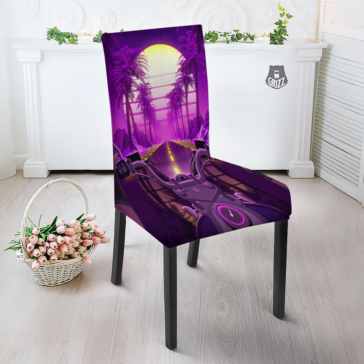 Riding Motorcycle Retro Purple Print Dining Chair Slipcover-grizzshop