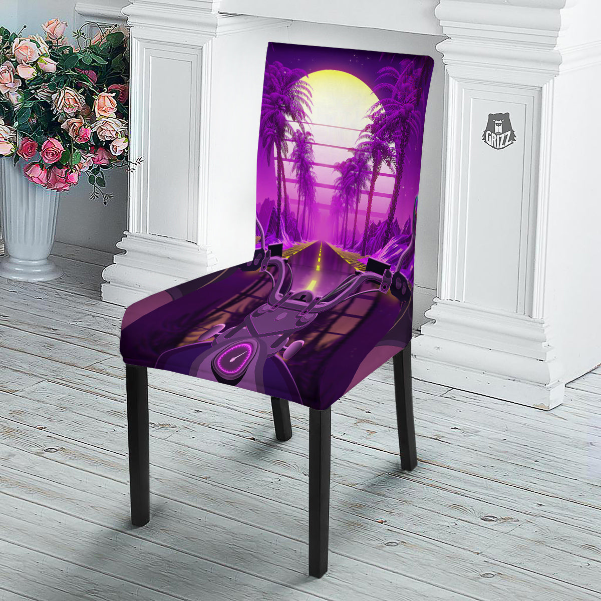 Riding Motorcycle Retro Purple Print Dining Chair Slipcover-grizzshop