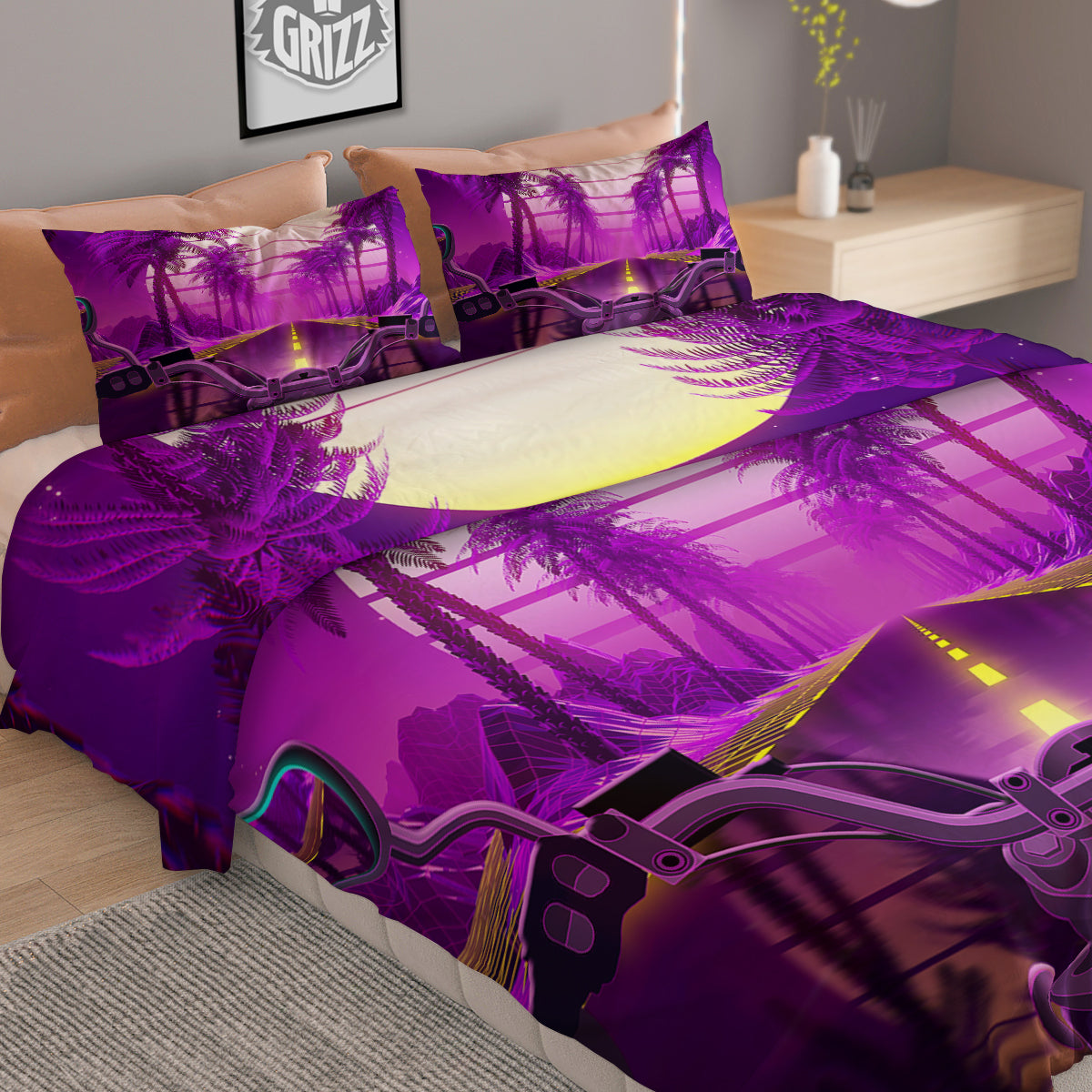 Riding Motorcycle Retro Purple Print Duvet Cover Bedding Set