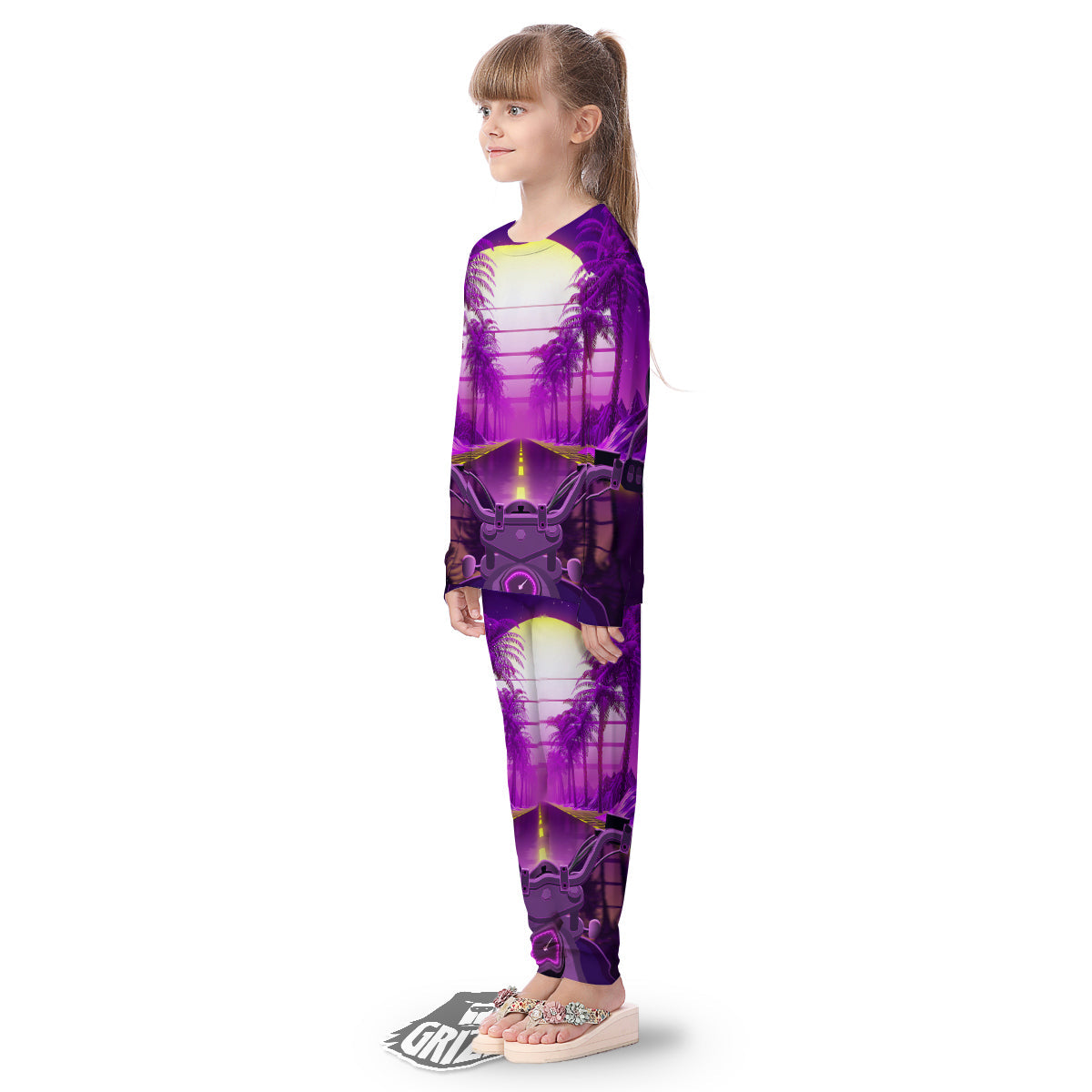 Riding Motorcycle Retro Purple Print Kid's Pajamas-grizzshop