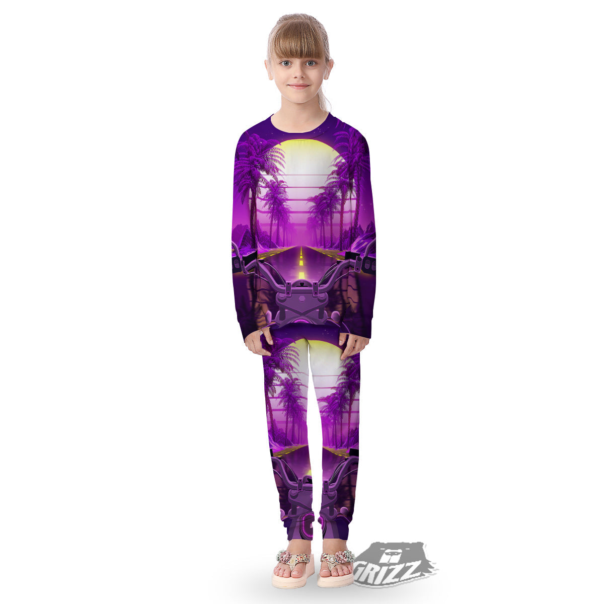 Riding Motorcycle Retro Purple Print Kid's Pajamas-grizzshop