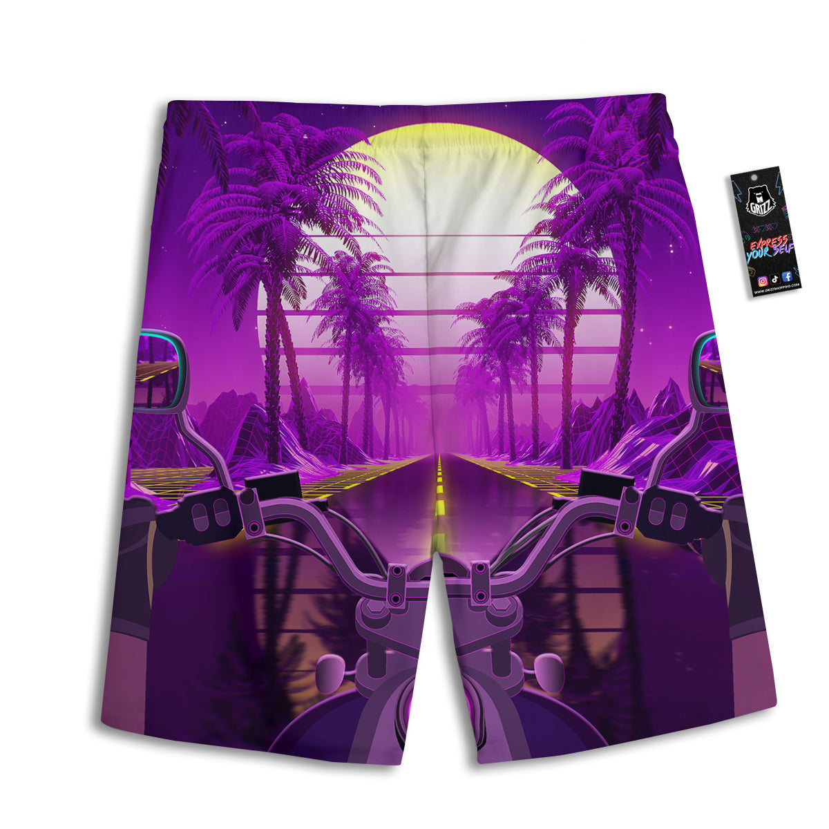 Riding Motorcycle Retro Purple Print Men's Athletic Shorts