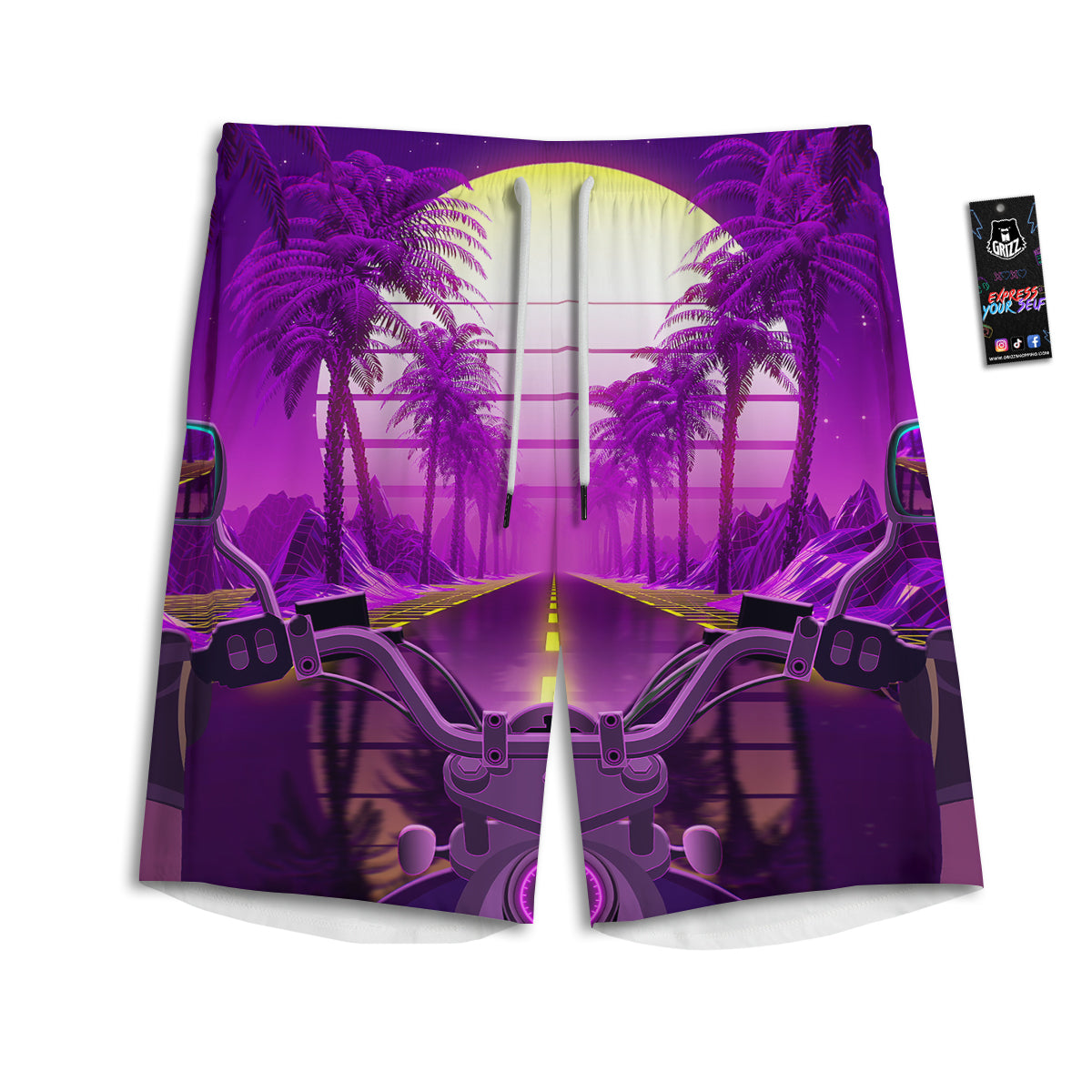 Riding Motorcycle Retro Purple Print Men's Athletic Shorts