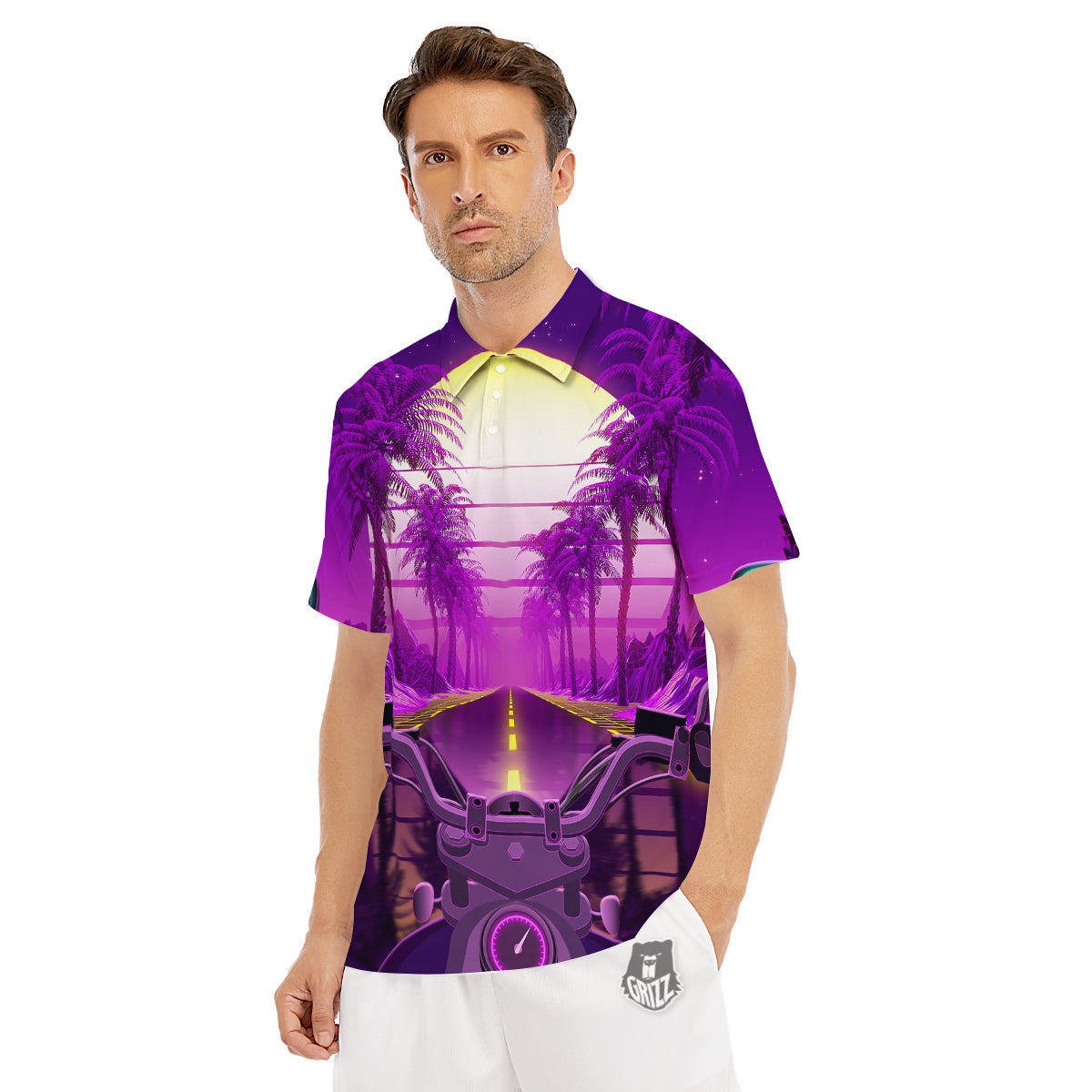 Riding Motorcycle Retro Purple Print Men's Golf Shirts-grizzshop