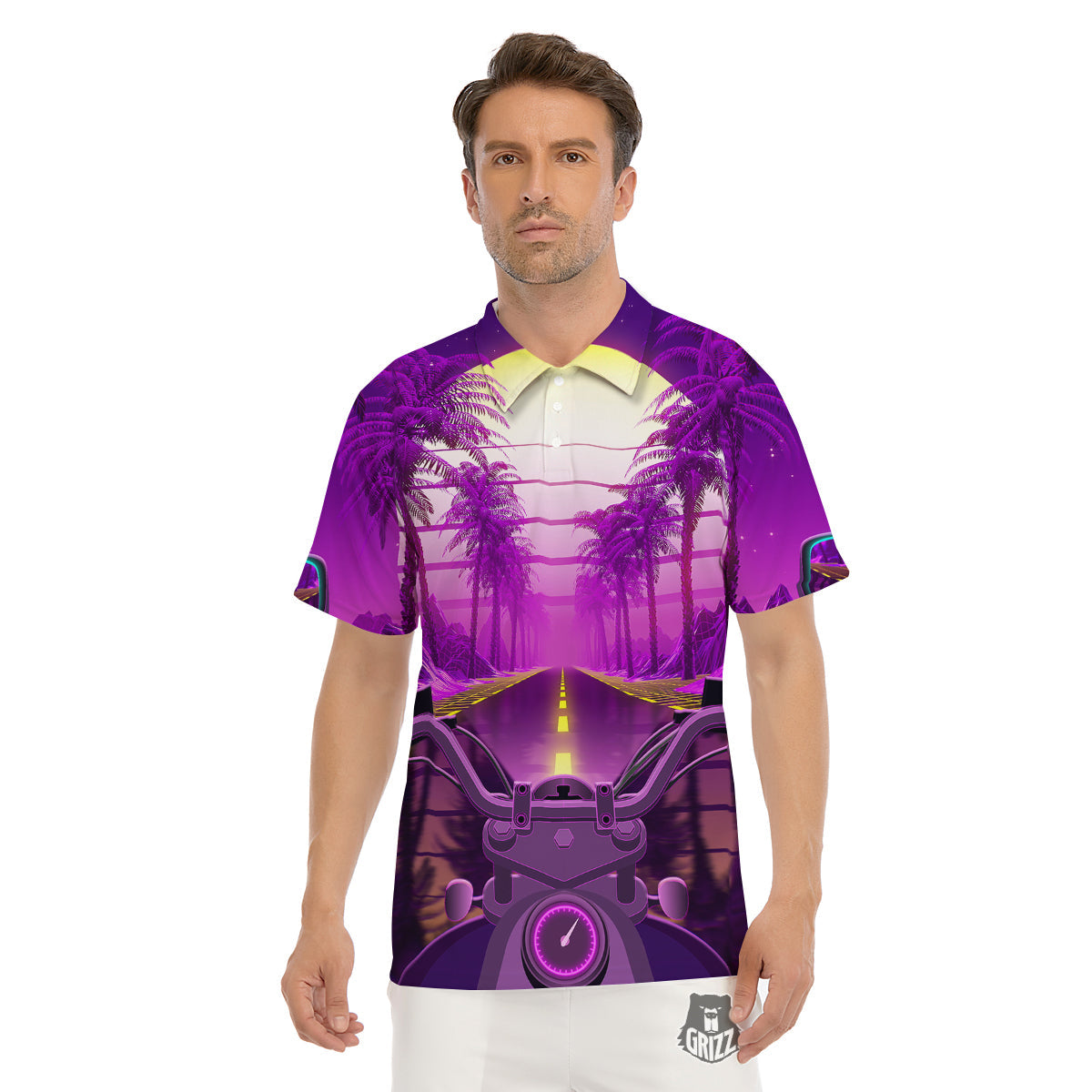 Riding Motorcycle Retro Purple Print Men's Golf Shirts-grizzshop