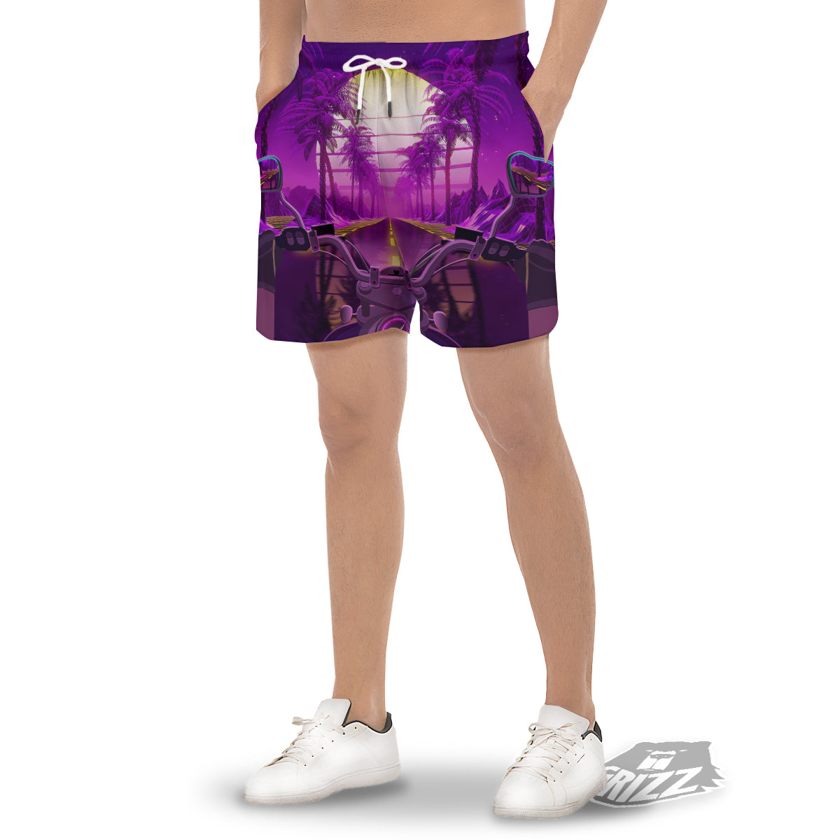 Riding Motorcycle Retro Purple Print Men's Gym Shorts-grizzshop