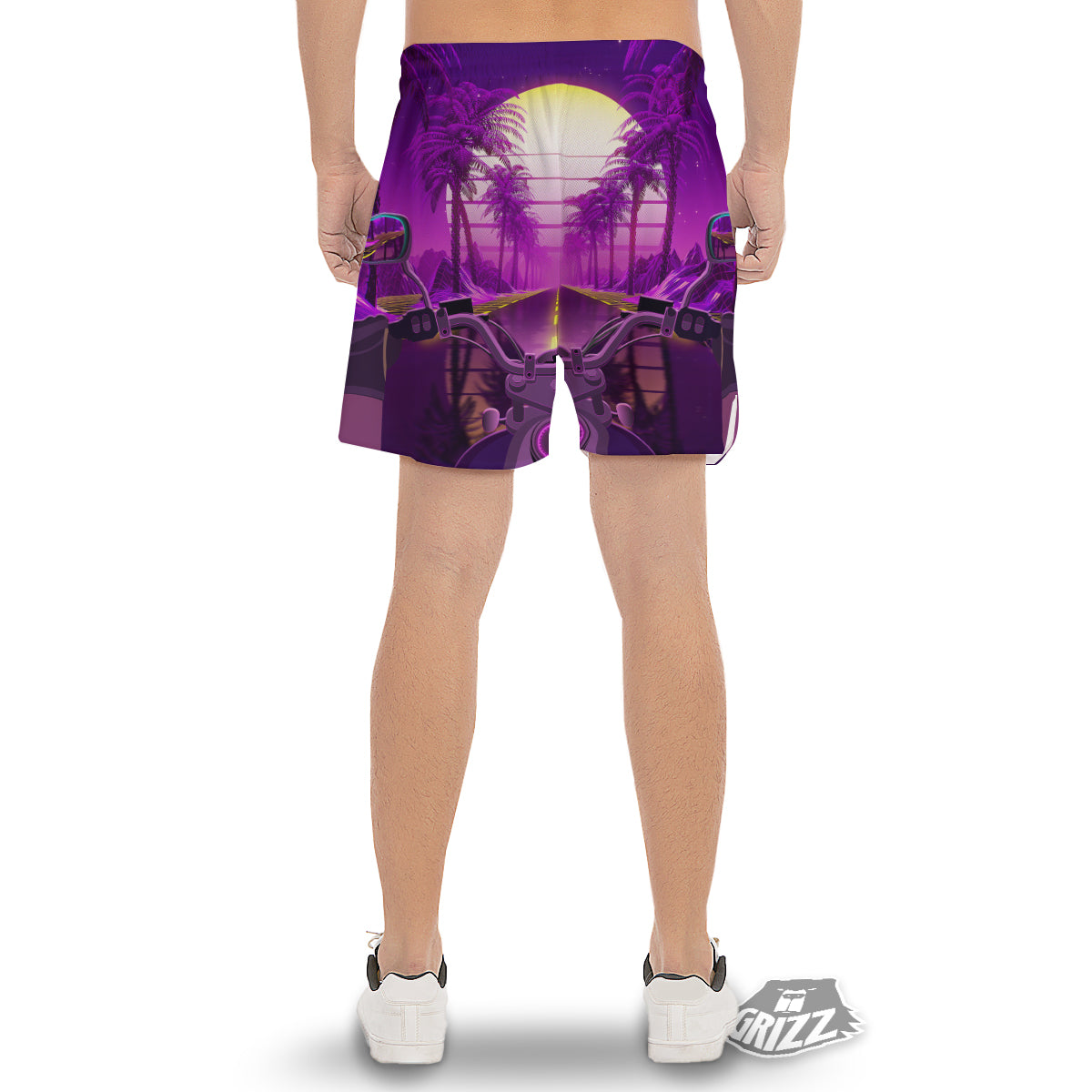 Riding Motorcycle Retro Purple Print Men's Gym Shorts-grizzshop