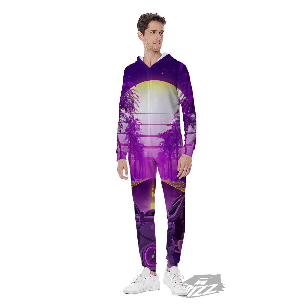Riding Motorcycle Retro Purple Print Men's Jumpsuit-grizzshop
