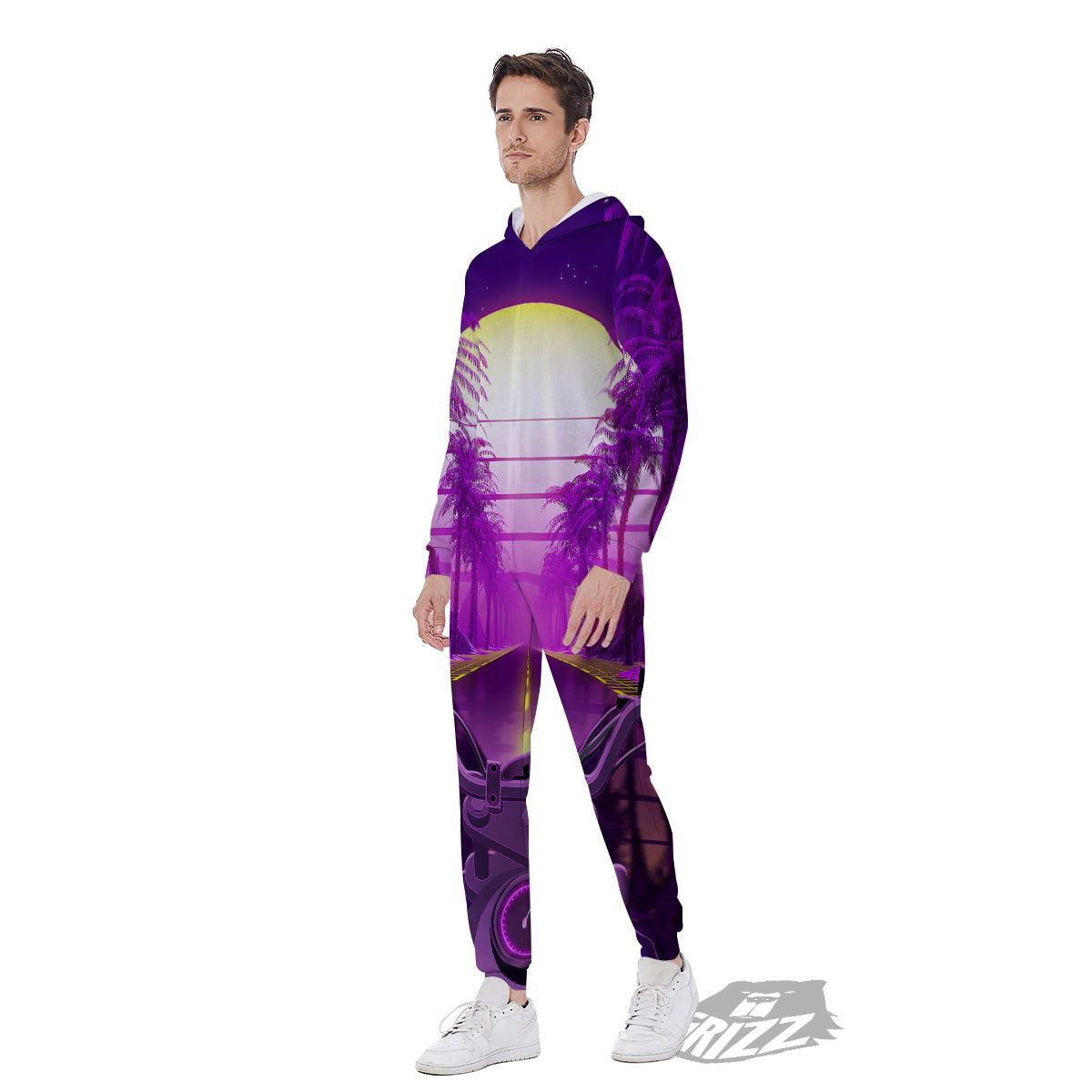 Riding Motorcycle Retro Purple Print Men's Jumpsuit-grizzshop