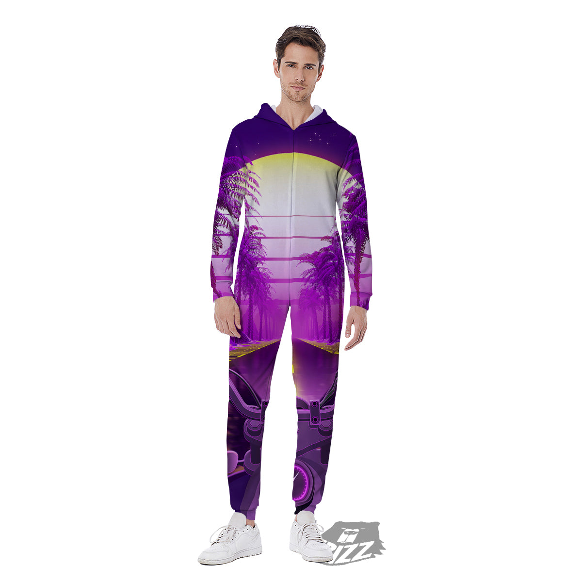 Riding Motorcycle Retro Purple Print Men's Jumpsuit-grizzshop