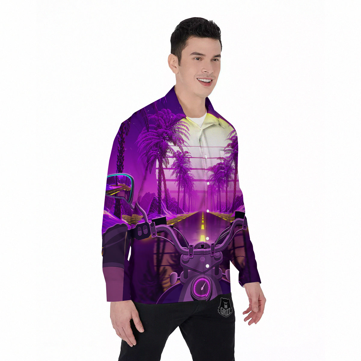 Riding Motorcycle Retro Purple Print Men's Long Sleeve Shirts-grizzshop