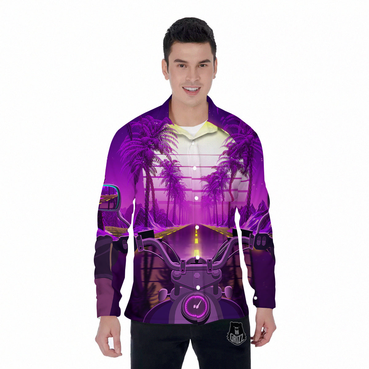 Riding Motorcycle Retro Purple Print Men's Long Sleeve Shirts-grizzshop