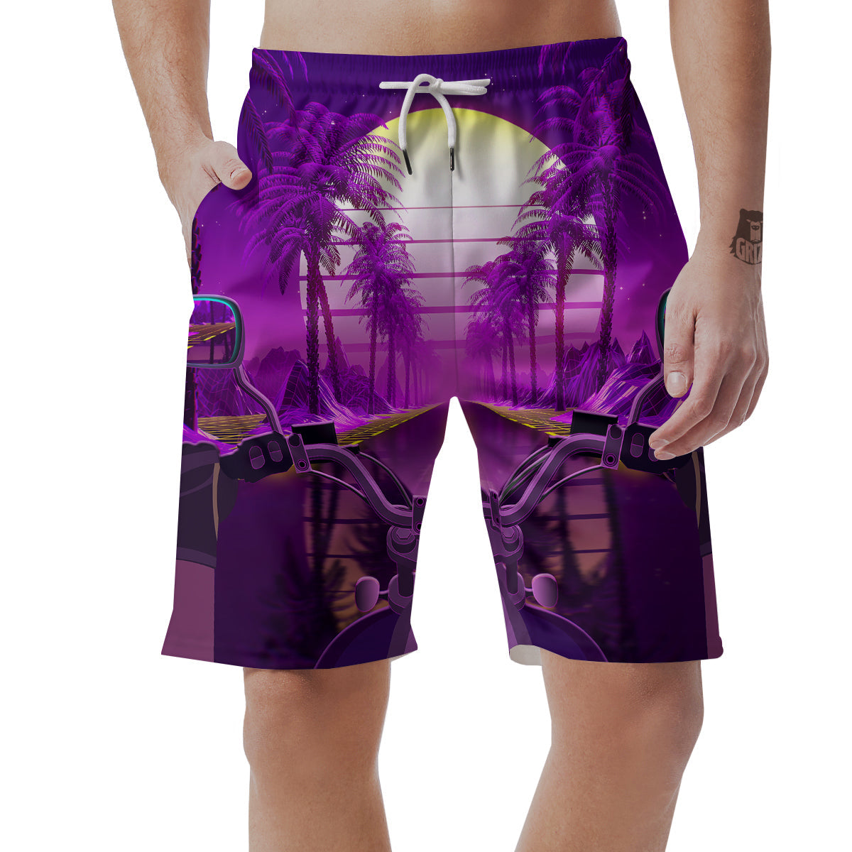 Riding Motorcycle Retro Purple Print Men's Shorts-grizzshop