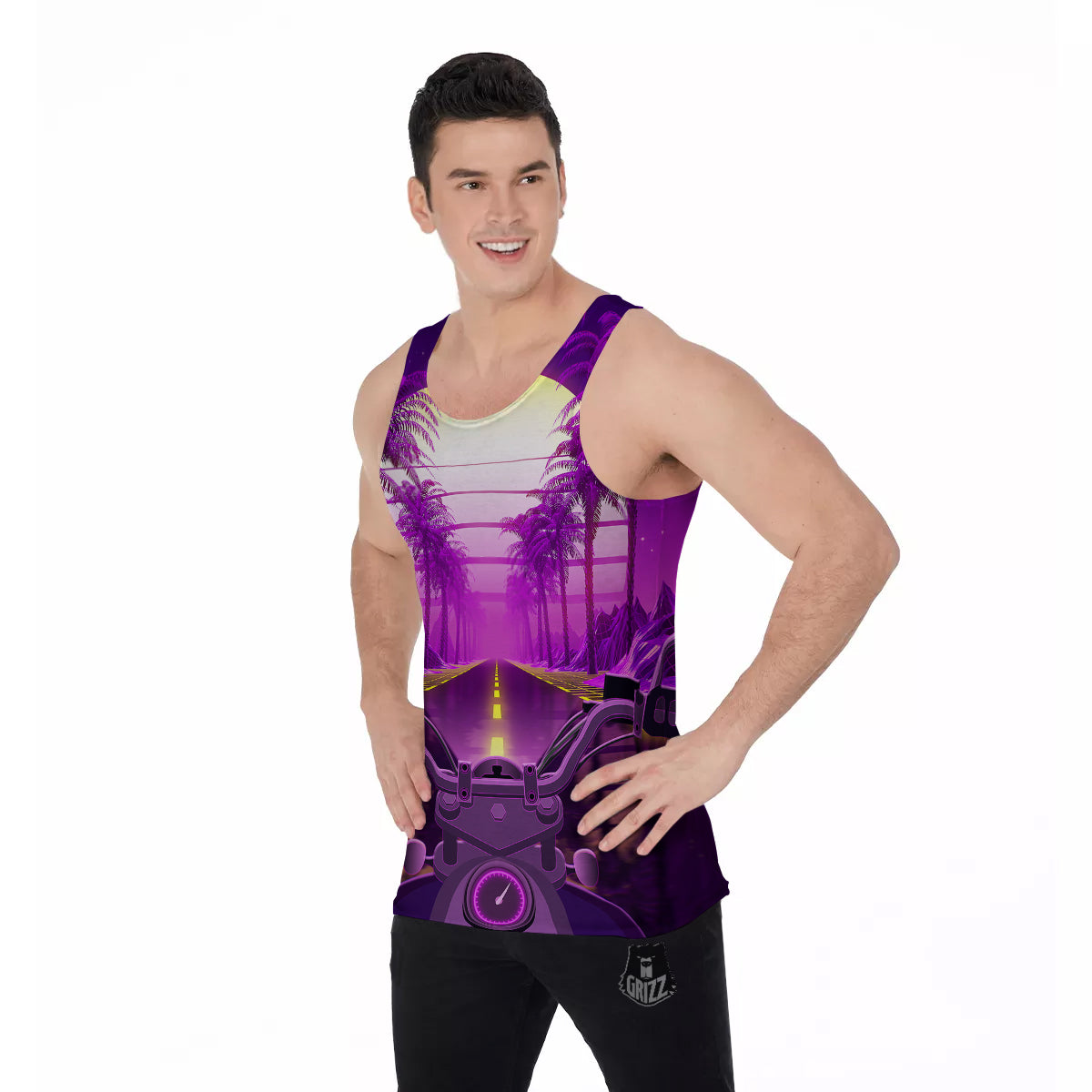 Riding Motorcycle Retro Purple Print Men's Tank Top-grizzshop