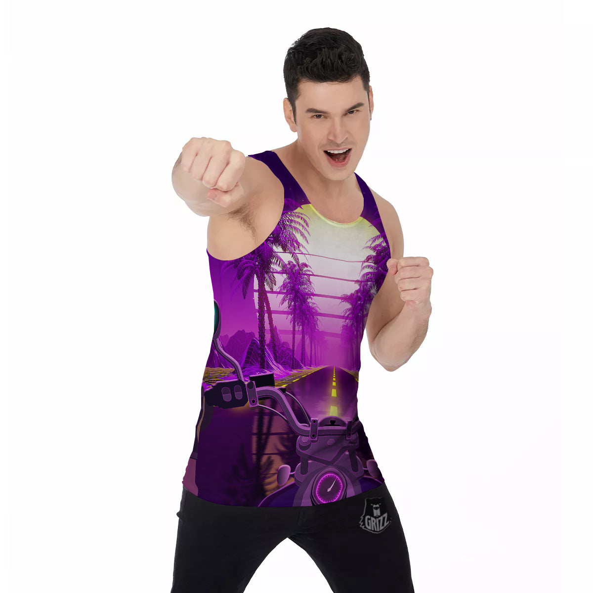 Riding Motorcycle Retro Purple Print Men's Tank Top-grizzshop