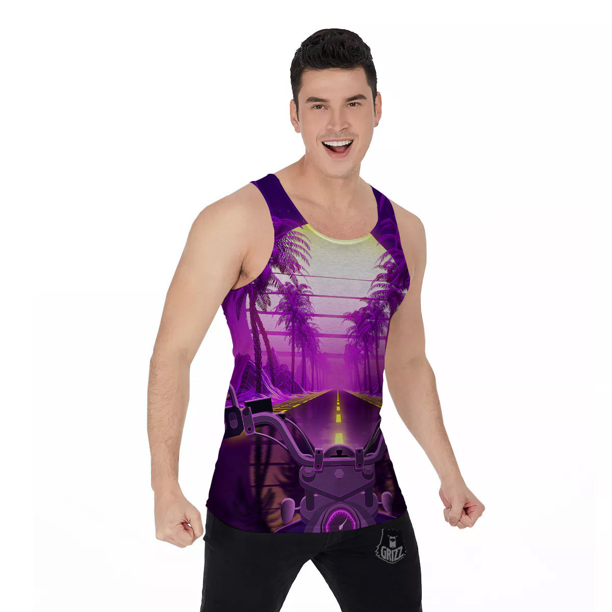 Riding Motorcycle Retro Purple Print Men's Tank Top-grizzshop