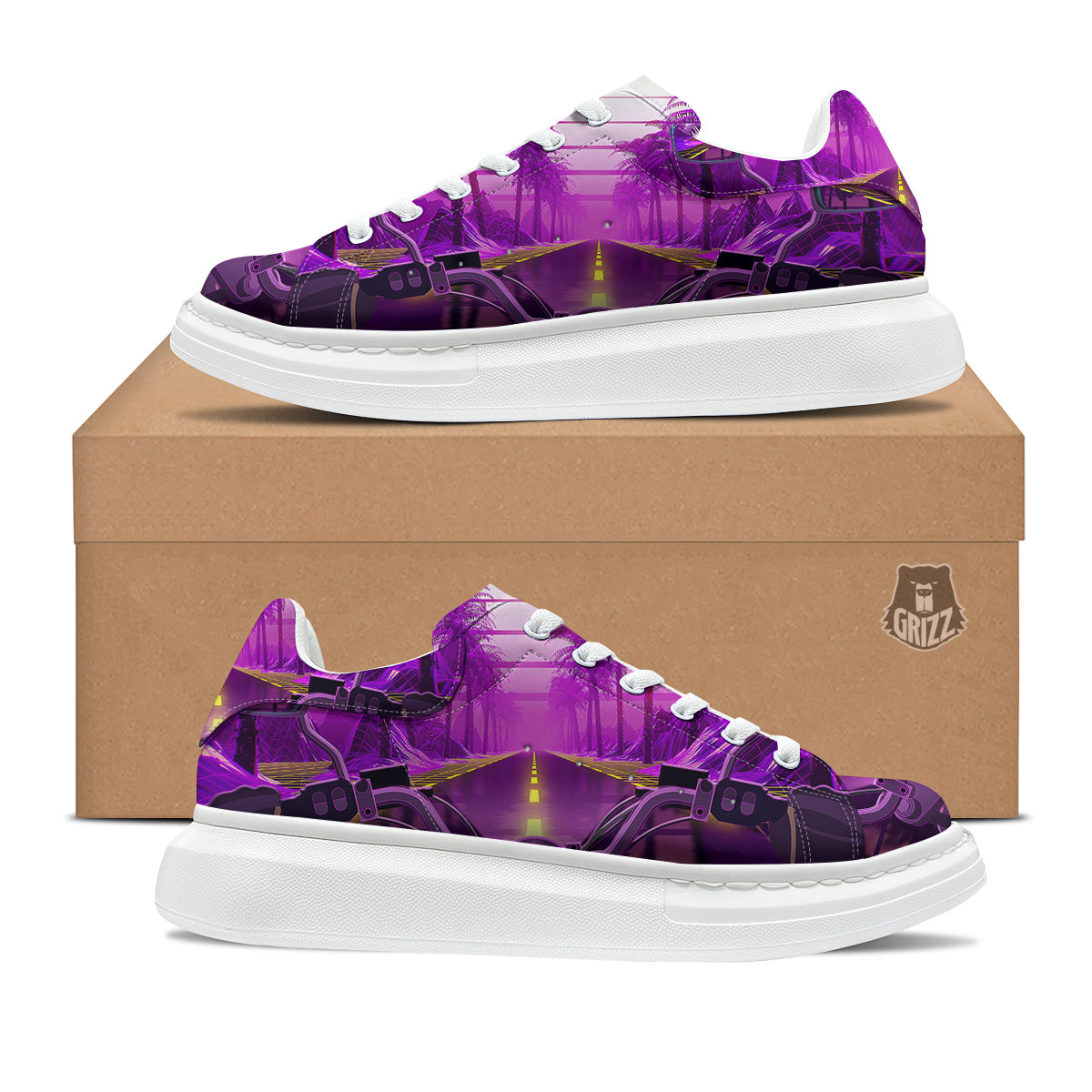 Riding Motorcycle Retro Purple Print Platform Shoes-grizzshop