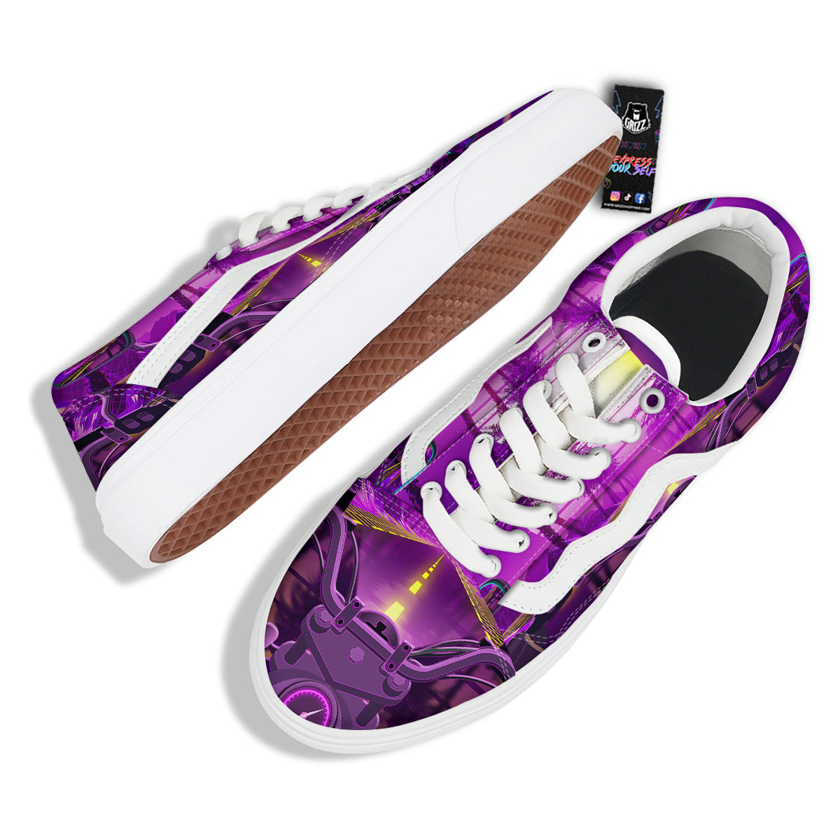 Riding Motorcycle Retro Purple Print Skate Shoes-grizzshop