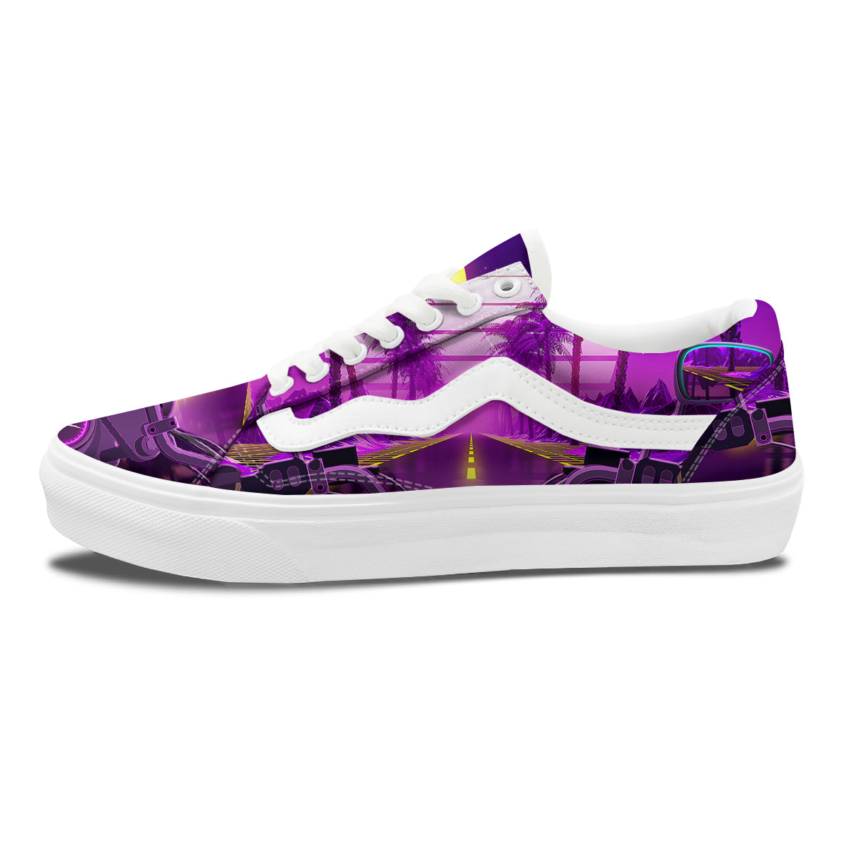 Riding Motorcycle Retro Purple Print Skate Shoes-grizzshop