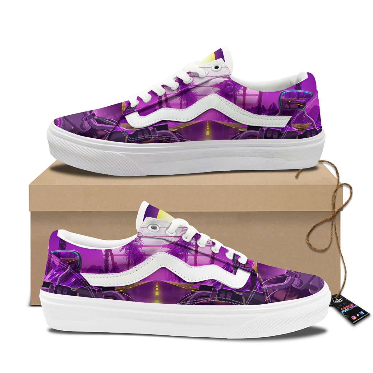 Riding Motorcycle Retro Purple Print Skate Shoes-grizzshop