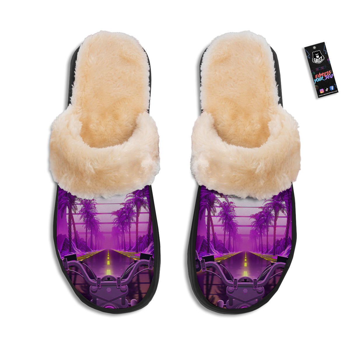 Riding Motorcycle Retro Purple Print Slippers-grizzshop
