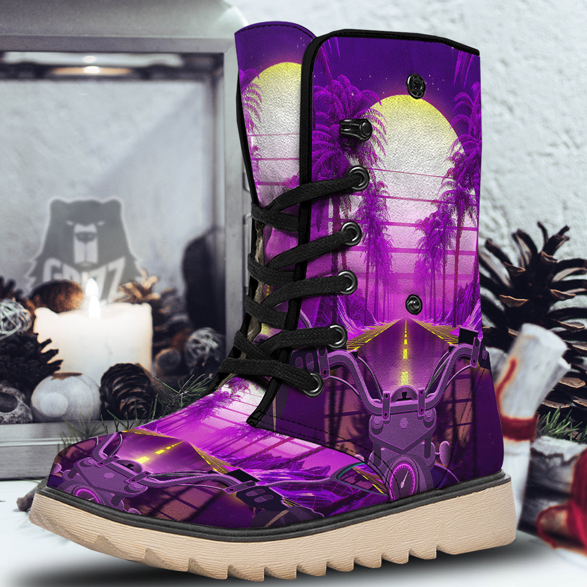 Riding Motorcycle Retro Purple Print Snow Boots-grizzshop