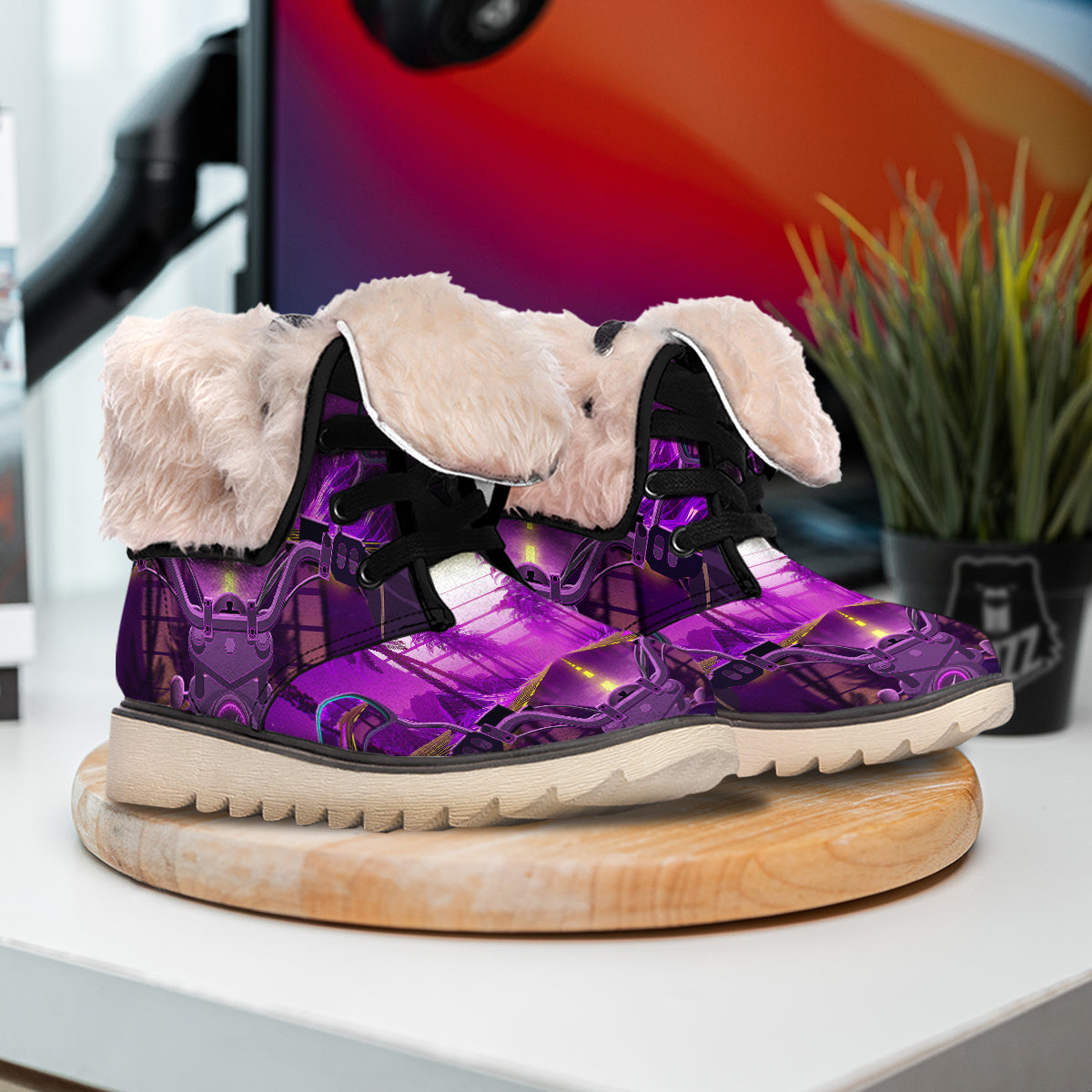 Riding Motorcycle Retro Purple Print Snow Boots-grizzshop