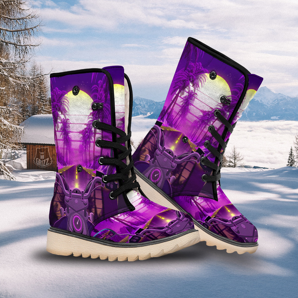 Riding Motorcycle Retro Purple Print Snow Boots-grizzshop
