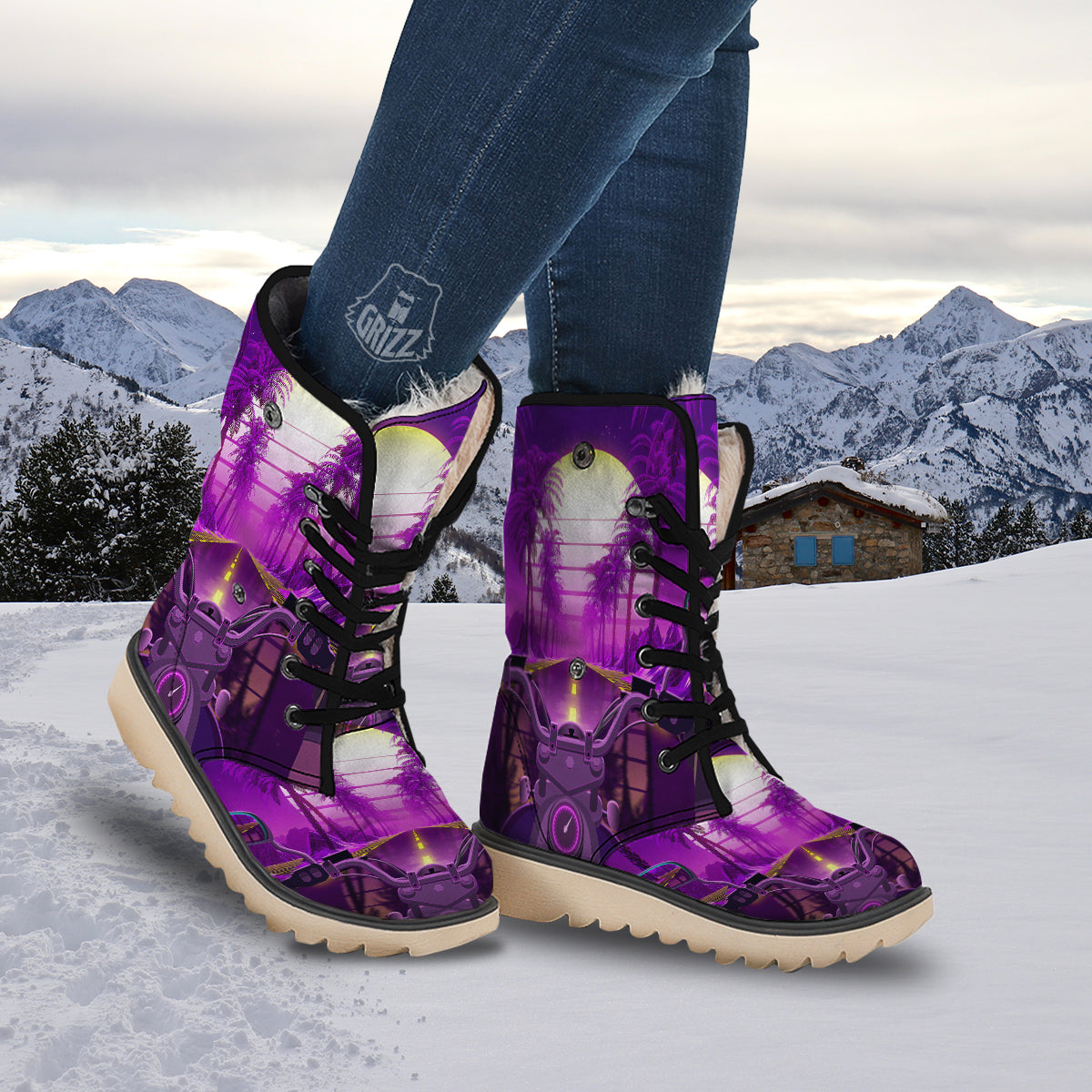 Riding Motorcycle Retro Purple Print Snow Boots-grizzshop
