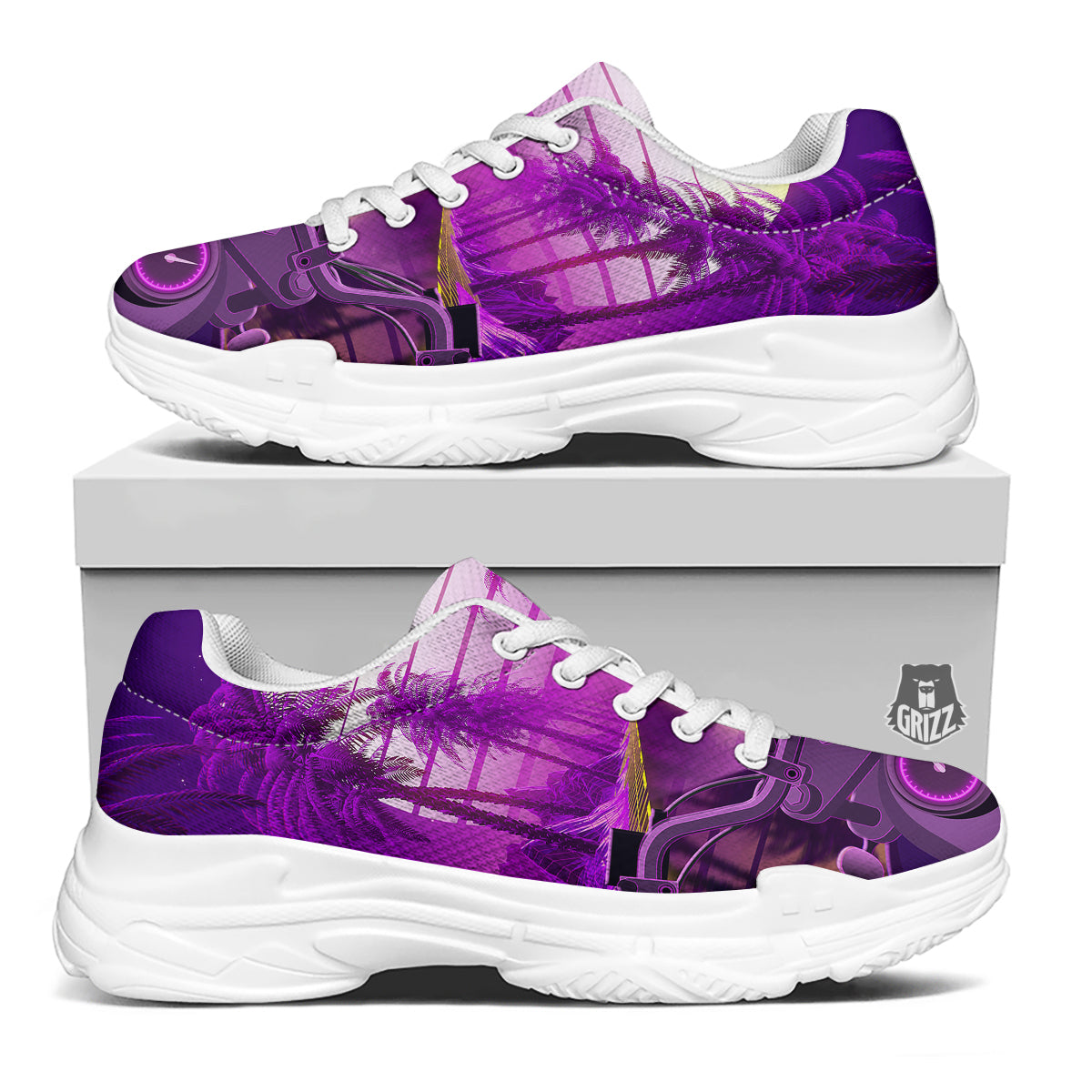 Riding Motorcycle Retro Purple Print White Chunky Shoes-grizzshop