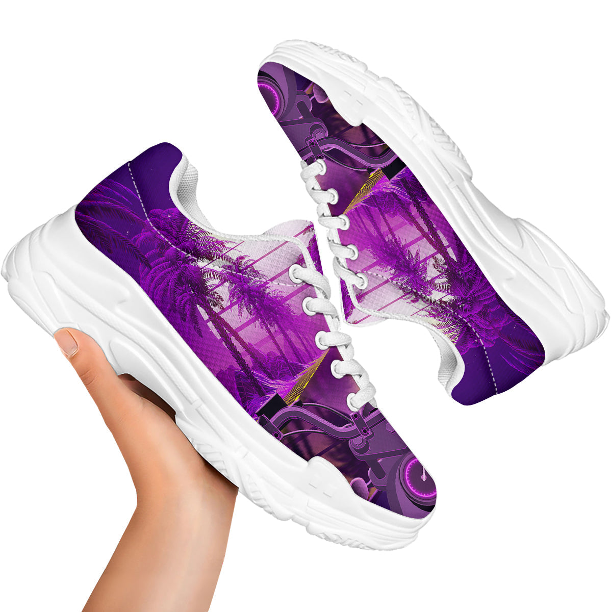Riding Motorcycle Retro Purple Print White Chunky Shoes-grizzshop
