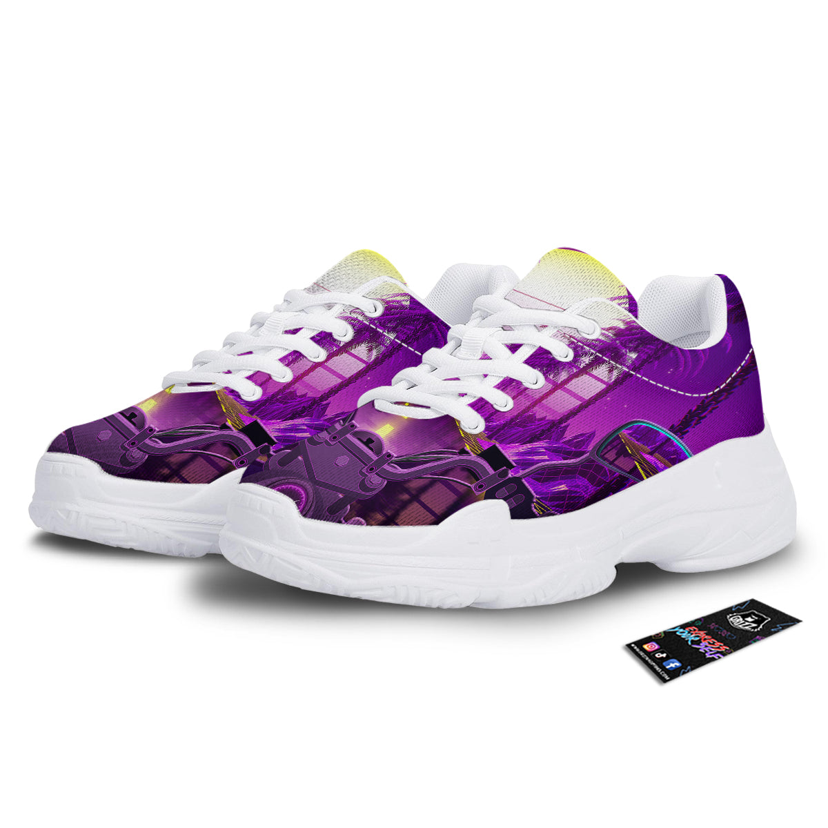Riding Motorcycle Retro Purple Print White Chunky Shoes-grizzshop