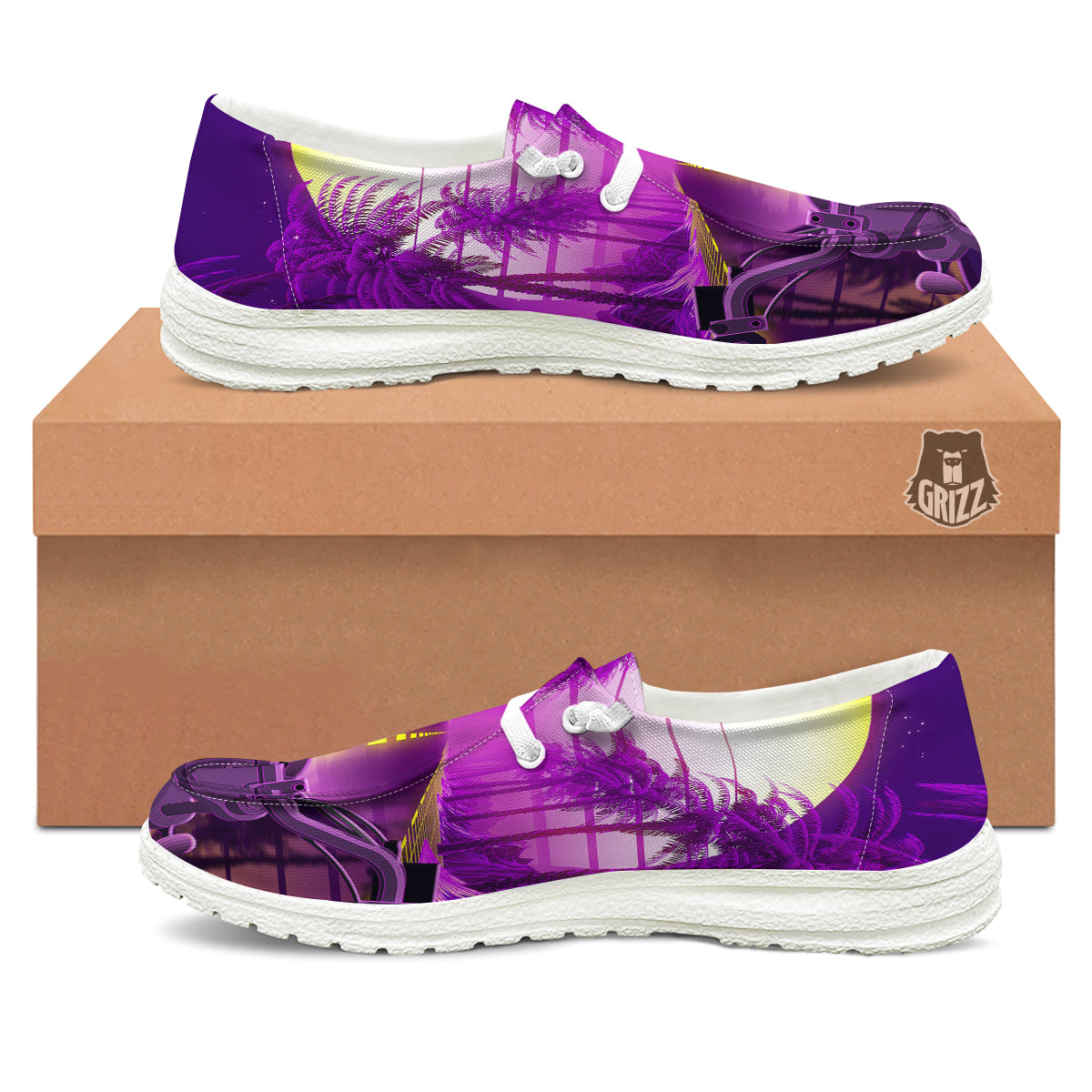 Riding Motorcycle Retro Purple Print White Loafers-grizzshop