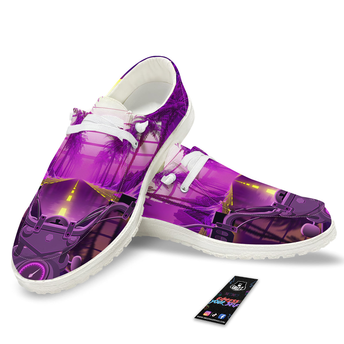Riding Motorcycle Retro Purple Print White Loafers-grizzshop