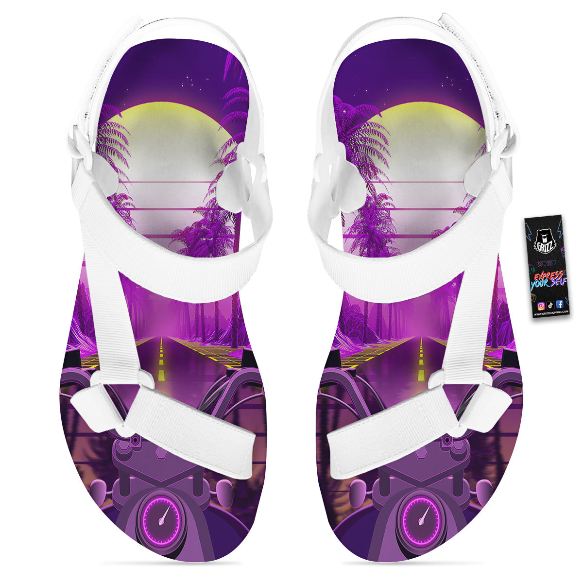 Riding Motorcycle Retro Purple Print White Open Toe Sandals-grizzshop