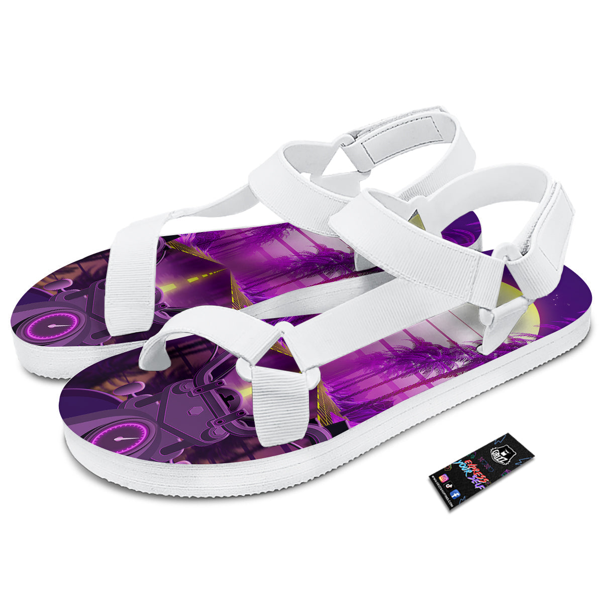 Riding Motorcycle Retro Purple Print White Open Toe Sandals-grizzshop