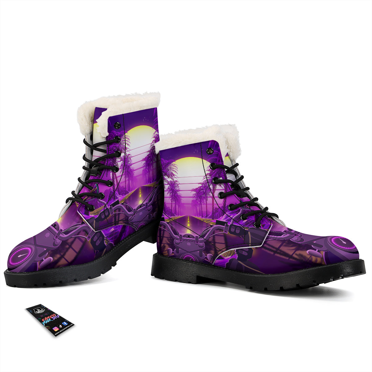 Riding Motorcycle Retro Purple Print Winter Boots-grizzshop