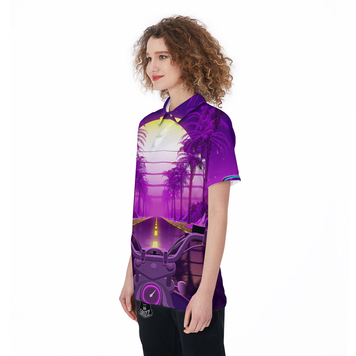 Riding Motorcycle Retro Purple Print Women's Golf Shirts-grizzshop