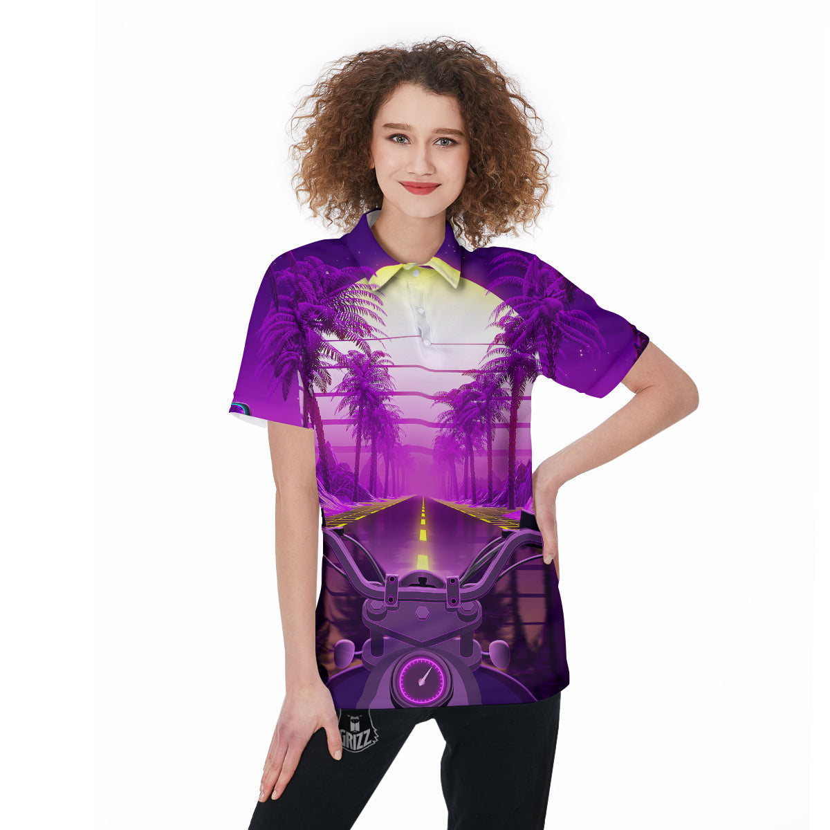 Riding Motorcycle Retro Purple Print Women's Golf Shirts-grizzshop