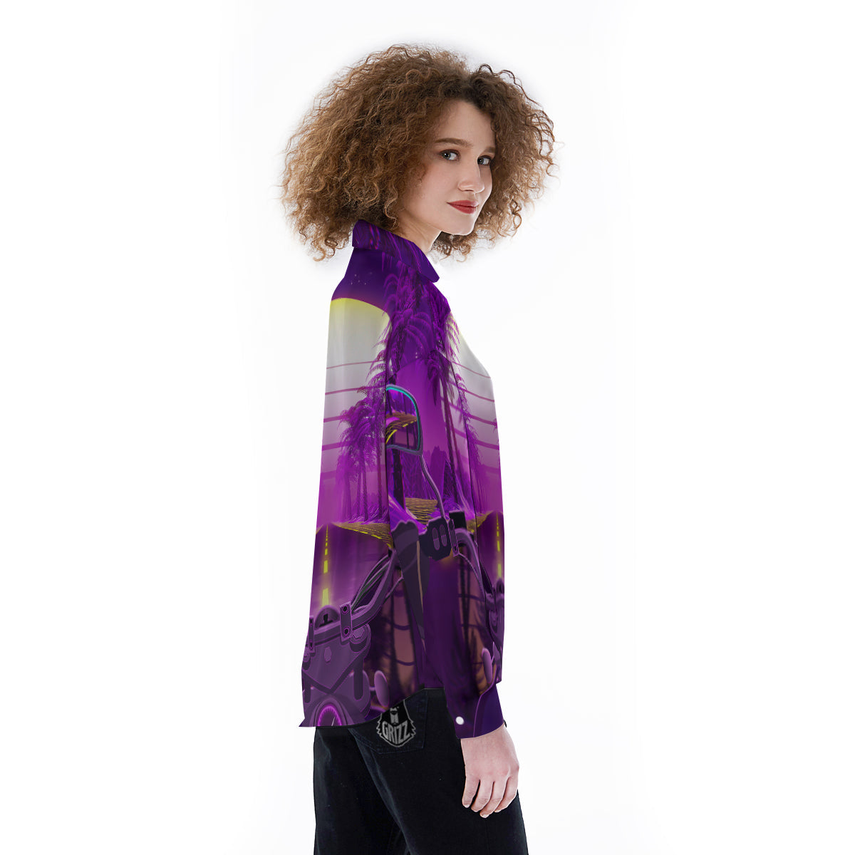 Riding Motorcycle Retro Purple Print Women's Long Sleeve Shirts-grizzshop