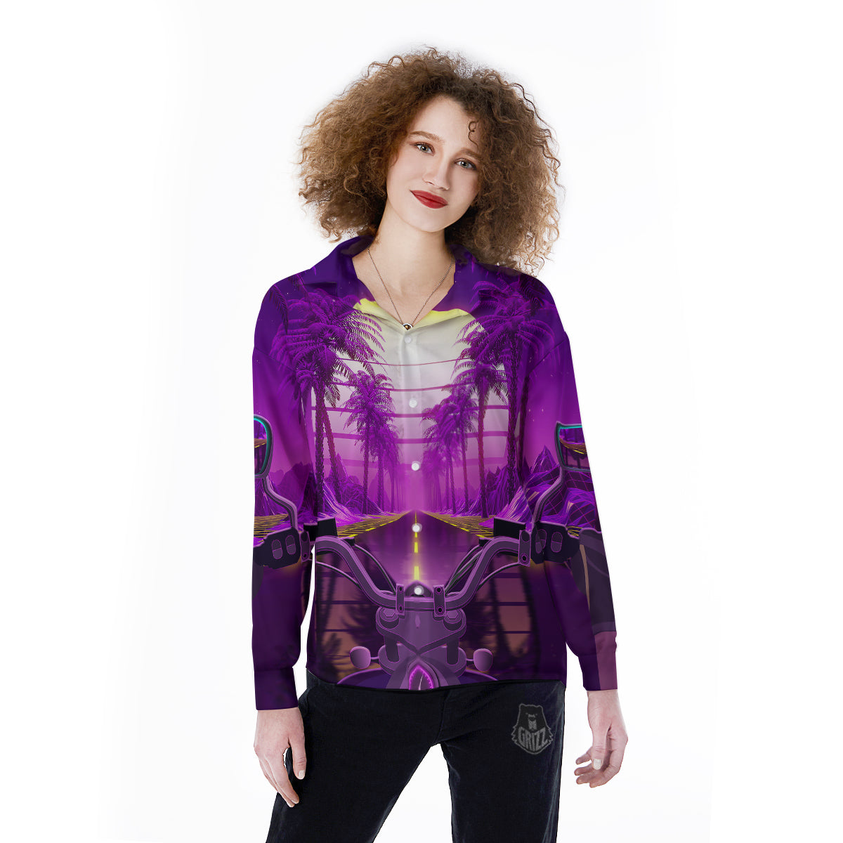 Riding Motorcycle Retro Purple Print Women's Long Sleeve Shirts-grizzshop