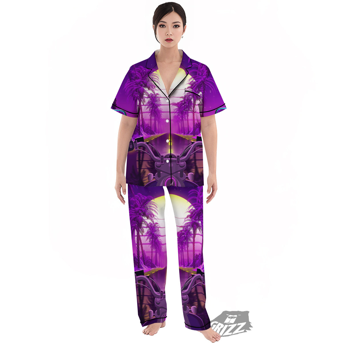 Riding Motorcycle Retro Purple Print Women's Pajamas Set-grizzshop