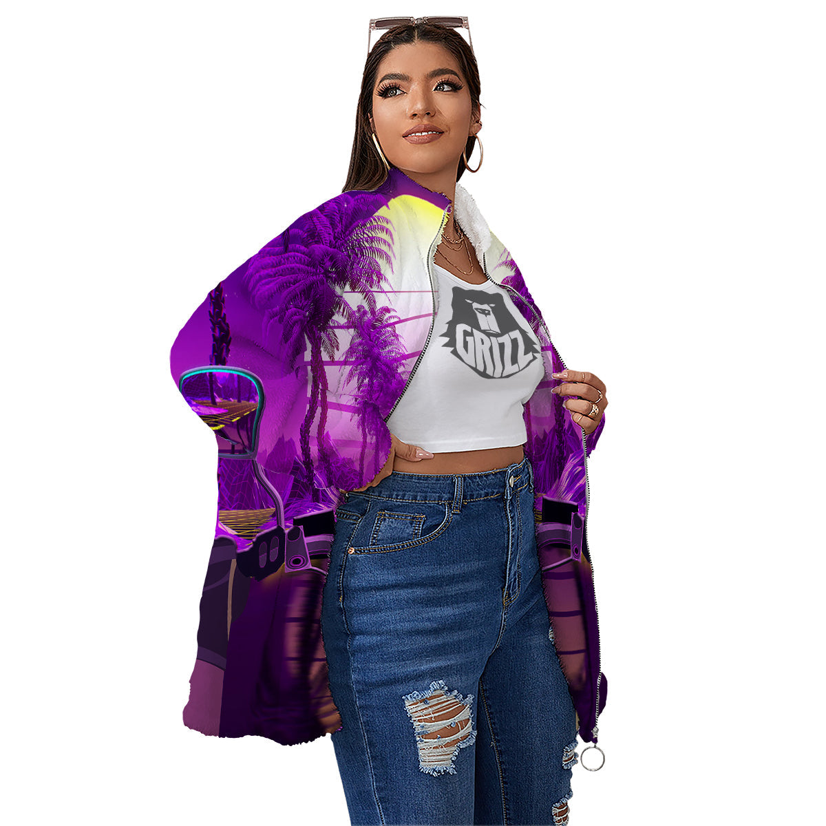 Riding Motorcycle Retro Purple Print Women's Sherpa Jacket-grizzshop