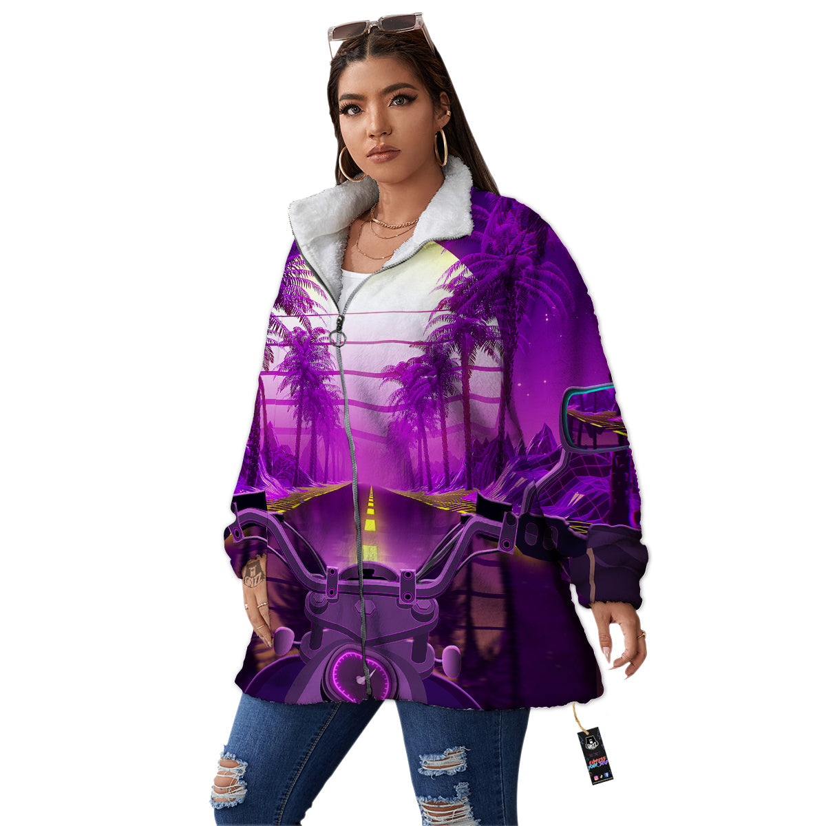 Riding Motorcycle Retro Purple Print Women's Sherpa Jacket-grizzshop